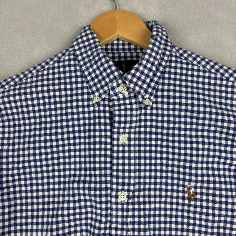 Ralph Lauren Oxford Shirt Men’s Medium Blue Gingham Check Flesh Pony Slim Fit